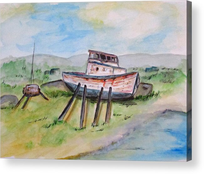 Boats Acrylic Print featuring the painting Abandoned Fishing Boat by Clyde J Kell