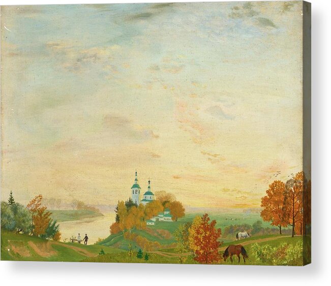 Boris Mikhailovich Kustodiev 1878-1927 Above The River Acrylic Print featuring the painting Above The River Autumn by MotionAge Designs