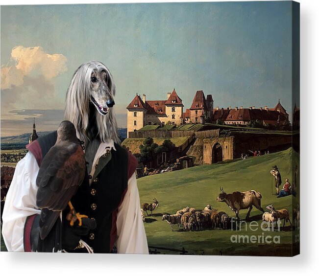 Afghan Hound Canvas Acrylic Print featuring the painting Afghan Hound-Falconer and castle Canvas Fine Art Print by Sandra Sij