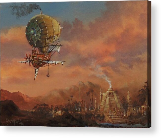 : Atlantis Acrylic Print featuring the painting Airship Over Atlantis Steampunk Series by Tom Shropshire