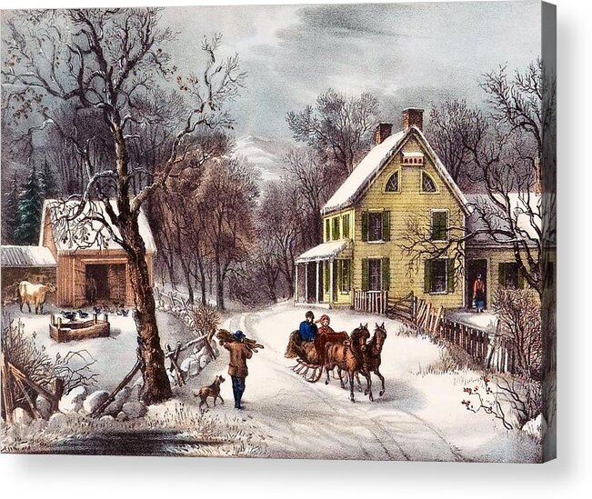 Winter Scene Acrylic Print featuring the painting American Homestead by Currier and Ives