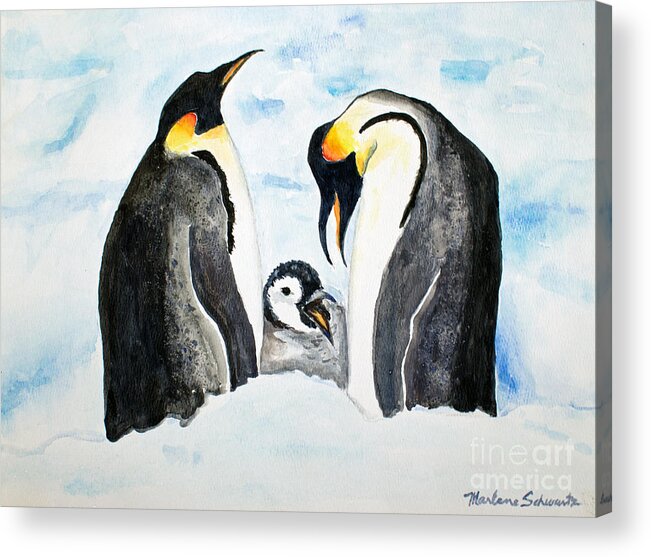 Penguin Acrylic Print featuring the painting And Baby Makes Three by Marlene Schwartz Massey