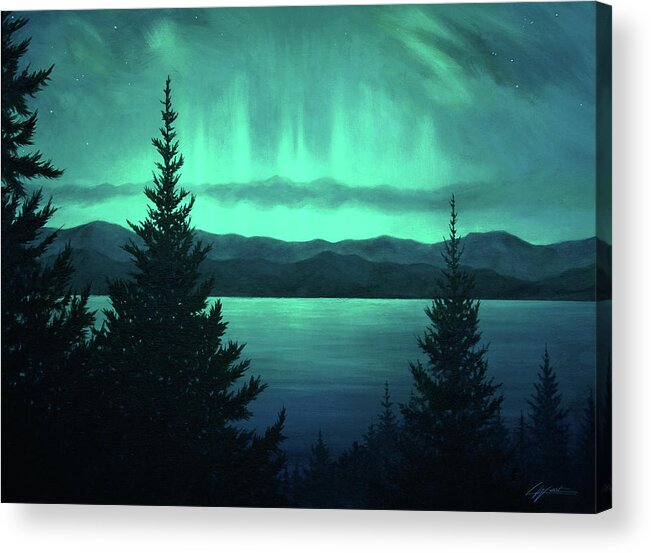 Aurora Acrylic Print featuring the painting Aurora Over Lake Pend Oreille by Lucy West