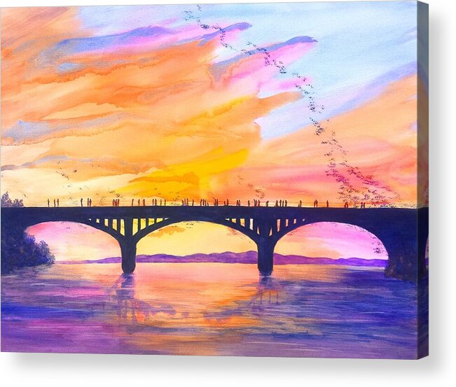 Austin Acrylic Print featuring the painting Austin Bats Congress Bridge Sunset by Carlin Blahnik CarlinArtWatercolor