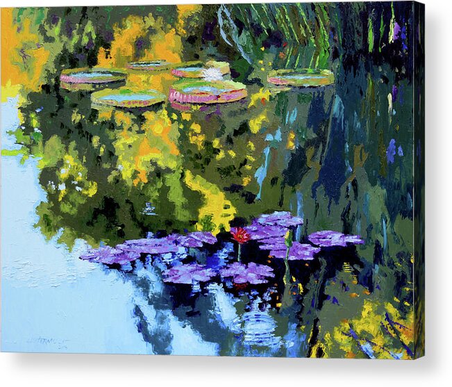 Garden Pond Acrylic Print featuring the painting Autumn Reflections on the Pond by John Lautermilch