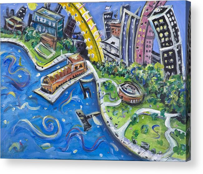 Battery Park New York City Manhattan Wall Street Hudson River Buildings Water Boat South Acrylic Print featuring the painting Battery Park by Jason Gluskin