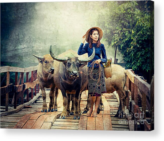 Asia Acrylic Print featuring the digital art Beauty And The Water Buffalo by Ian Gledhill