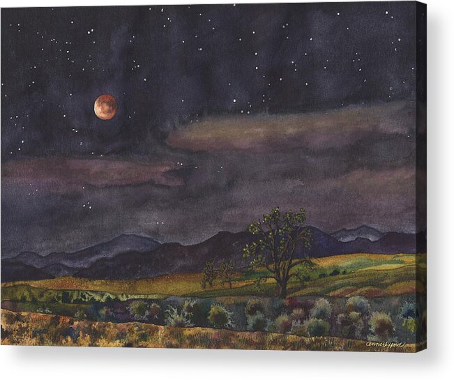 Blood Moon Painting Acrylic Print featuring the painting Blood Moon Over Boulder by Anne Gifford
