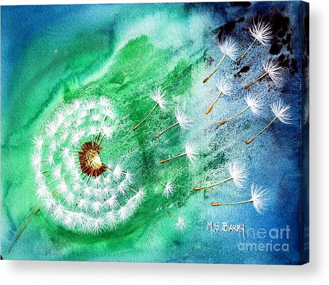 Dandelion Art Acrylic Print featuring the painting Blown Away by Maria Barry