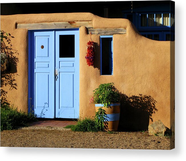 Taos Acrylic Print featuring the photograph Blue Door and Chilies by Nieves Nitta
