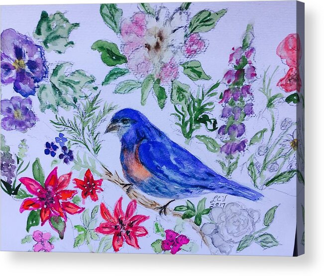 Bluebird Acrylic Print featuring the painting Bluebird in a garden by Lucille Valentino
