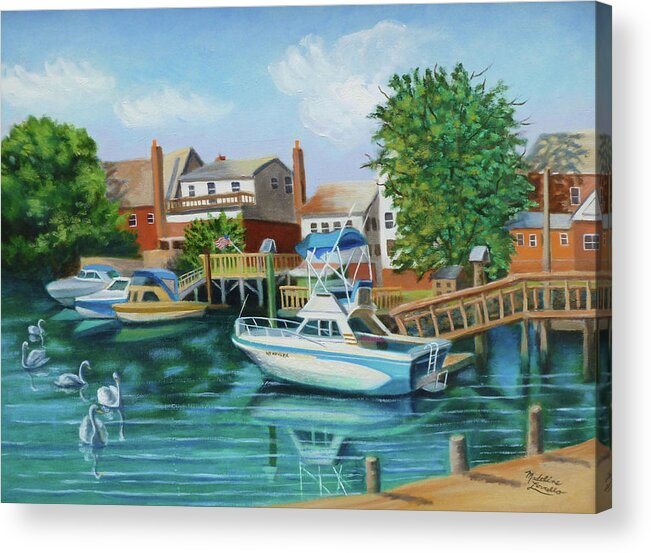 Boats Acrylic Print featuring the painting Boats Behind Cross Bay Blvd. by Madeline Lovallo