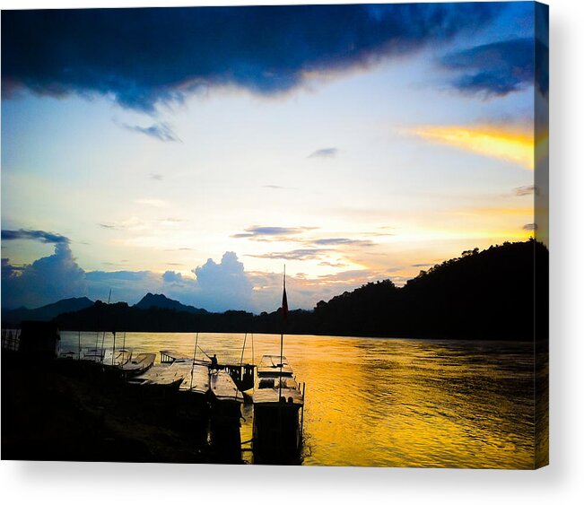 Asia Acrylic Print featuring the photograph Boats in the Mekong River, Luang Prabang at sunset by Neil Alexander Photography