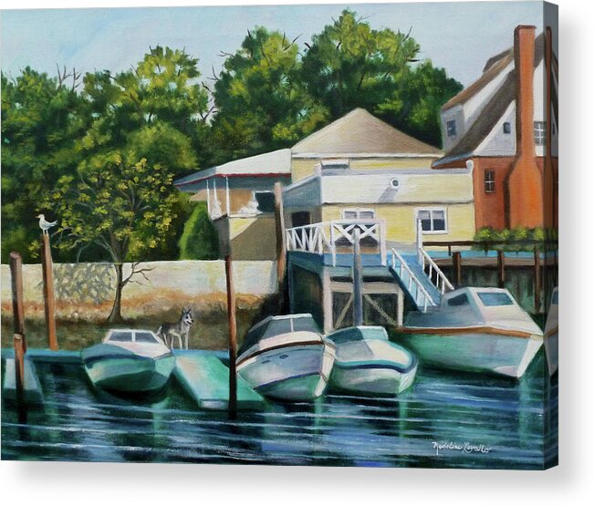 Blue Water With Moving Reflections Acrylic Print featuring the painting Boats On Crossbay Blvd. by Madeline Lovallo