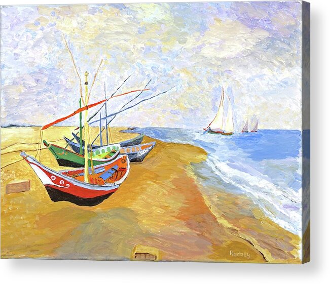 van Gogh Acrylic Print featuring the painting Boats On The Beach At Saintes-Maries after Van Gogh by Rodney Campbell