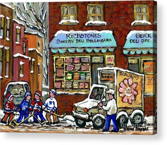 Montreal Acrylic Print featuring the painting Borden's Milkman Delivery Truck At Richstone's Bakery Montreal Hockey Paintings Best Canadian Art by Carole Spandau