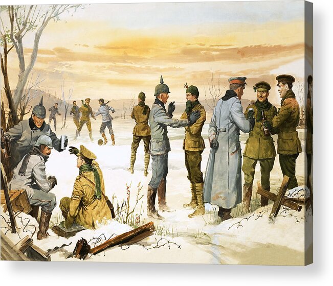 Truce Acrylic Print featuring the painting British and German soldiers hold a Christmas truce during the Great War by Angus McBride