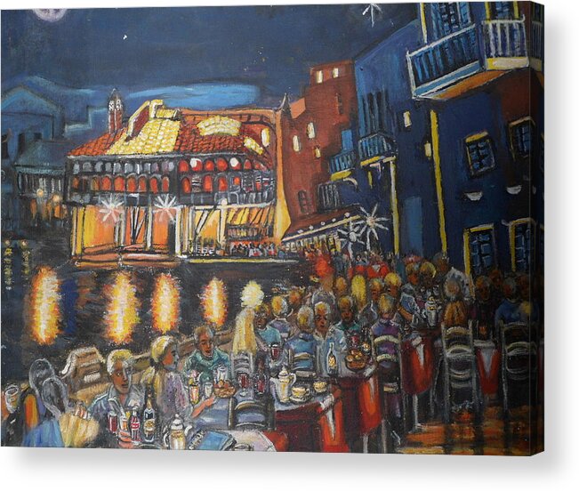 Cafe Scene Acrylic Print featuring the painting Cafe scene at night by Greta Gartner