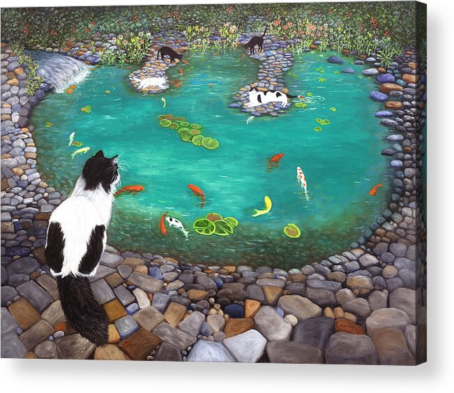Karen Zuk Rosenblatt Acrylic Print featuring the painting Cats and Koi by Karen Zuk Rosenblatt