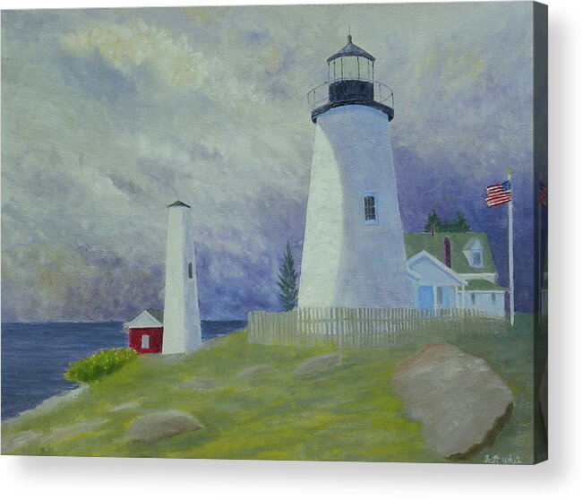 Seascape Landscape Lighthouse Storms Clouds Acrylic Print featuring the painting Changing Weather 2 by Scott W White