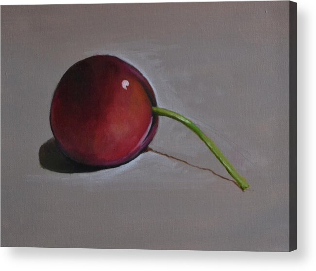 A Painting Of A Red Cherry. The Cherry Is Sitting On A Gray Background With A Shadow. Acrylic Print featuring the painting Cherry by Martin Schmidt