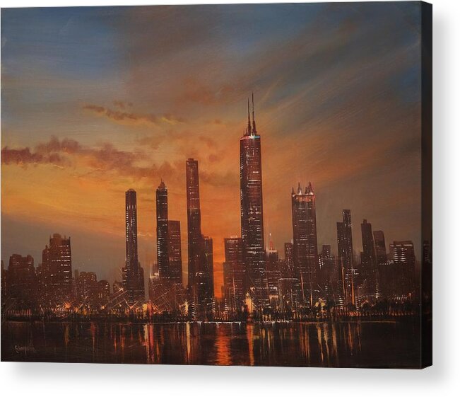 Chicago Acrylic Print featuring the painting Chicago Skyline at Sunset by Tom Shropshire