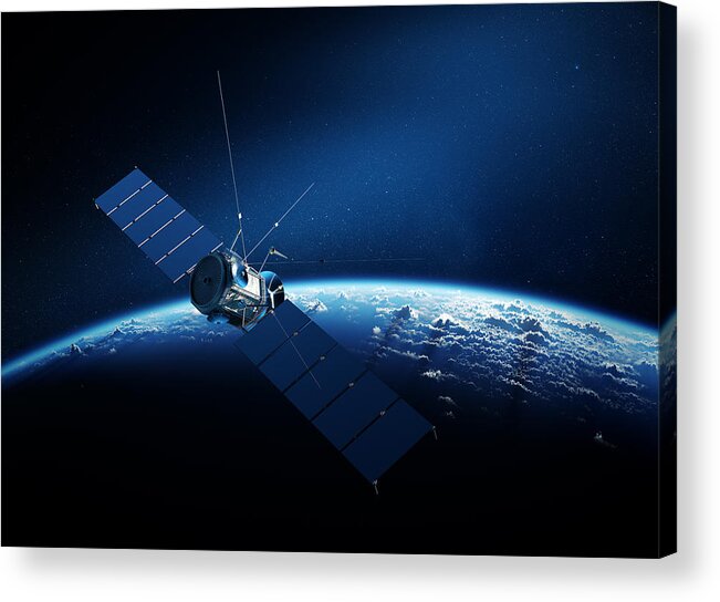 Satellite Acrylic Print featuring the digital art Communications satellite orbiting earth by Johan Swanepoel
