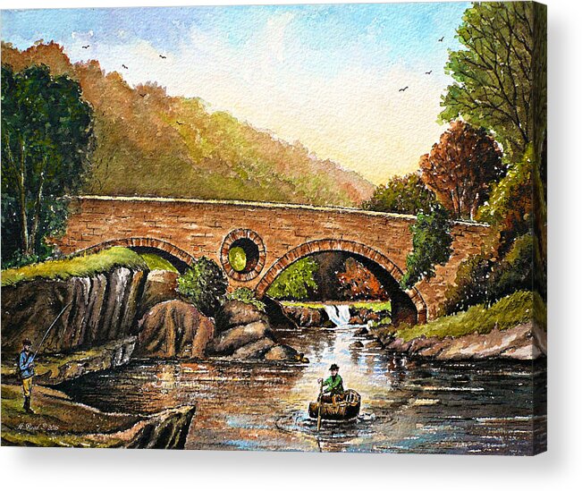 Cenarth Acrylic Print featuring the painting Coracle fishing Cenarth by Andrew Read