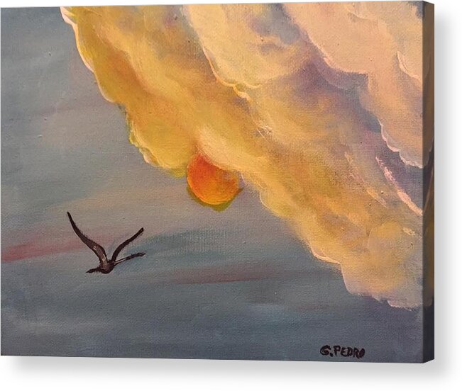 Crane Acrylic Print featuring the painting Crane in Flight during a Florida Sunset by George Pedro