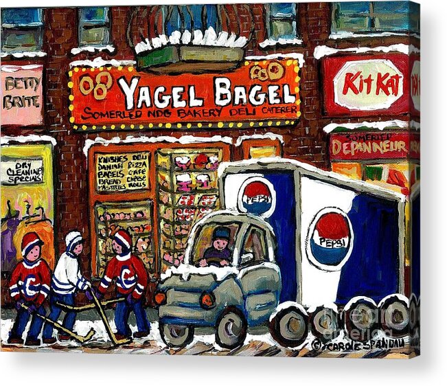 Montreal Acrylic Print featuring the painting Delivery Day Yagel Bagel Bakery Pepsi Truck Boys Playing Hockey Best Montreal Hockey Winter Art by Carole Spandau