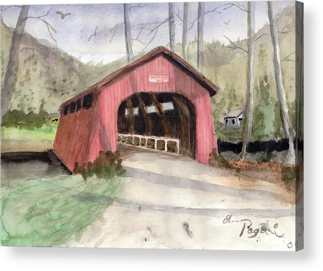 Watercolor Acrylic Print featuring the painting Drift Creek Covered Bridge Watercolor by Chriss Pagani