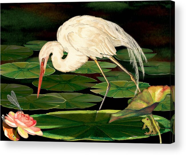 Egret Acrylic Print featuring the painting Egret Fishing in Lily Pads by Anne Beverley-Stamps