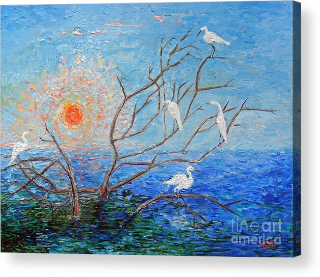 Egrets Acrylic Print featuring the painting Egrets at Sunrise by Doris Blessington