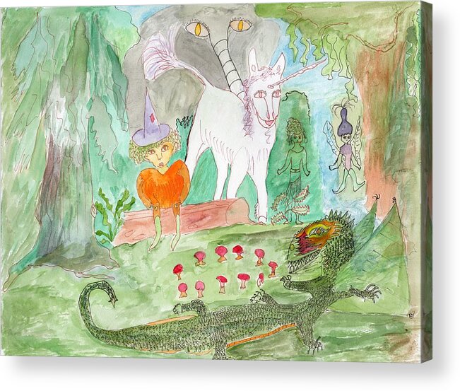 Dragon Acrylic Print featuring the painting Elephoot in her magical woods by Helen Holden-Gladsky