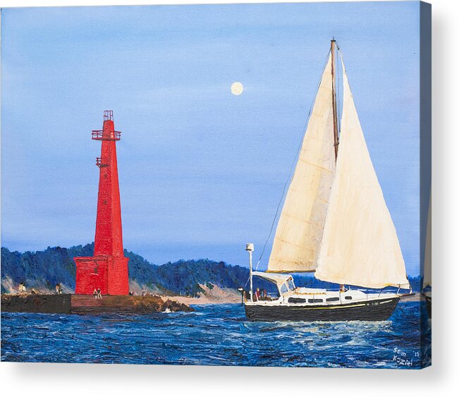 Lighthouse Acrylic Print featuring the painting Evening Sail by Sean Koziel