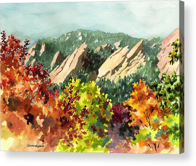 Red Leaves Art Acrylic Print featuring the painting Fall Flatirons by Anne Gifford