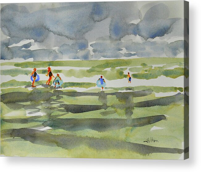 Watercolor Beach Scenes Paintings Acrylic Print featuring the painting Family at the beach 2 by Julianne Felton