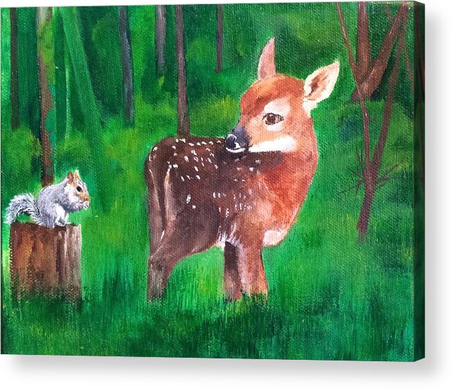 Fawn Acrylic Print featuring the painting Fawn with squirrel by Ellen Canfield