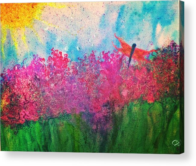 Flowers Acrylic Print featuring the painting Field of flowers w firefly by Christine Paris