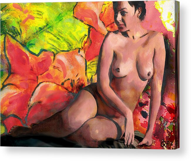 Original Acrylic Print featuring the painting Fine Art Female Nude Anastasia And Daylilies by G Linsenmayer