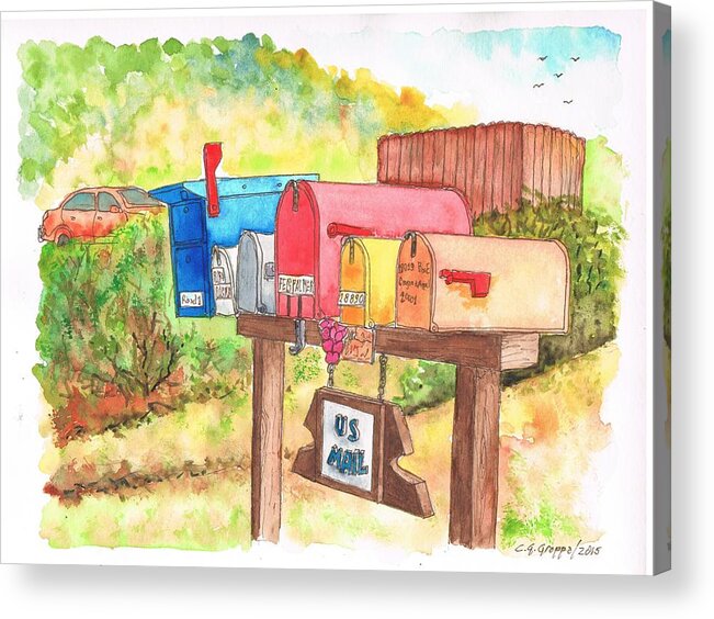 Nature Acrylic Print featuring the painting Five mail boxes in Route 1, San Simeon, California by Carlos G Groppa