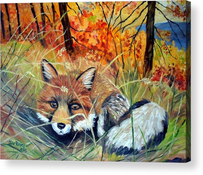 Fox Acrylic Print featuring the painting Fox-  Fox In Hiding by Julie Brugh Riffey
