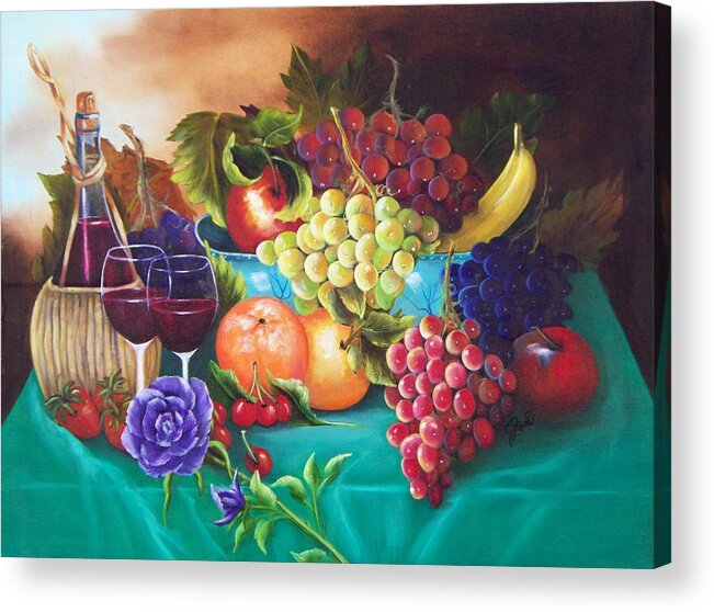 Oil Painting Acrylic Print featuring the painting Fruit and Wine on Green Cloth by Joni McPherson