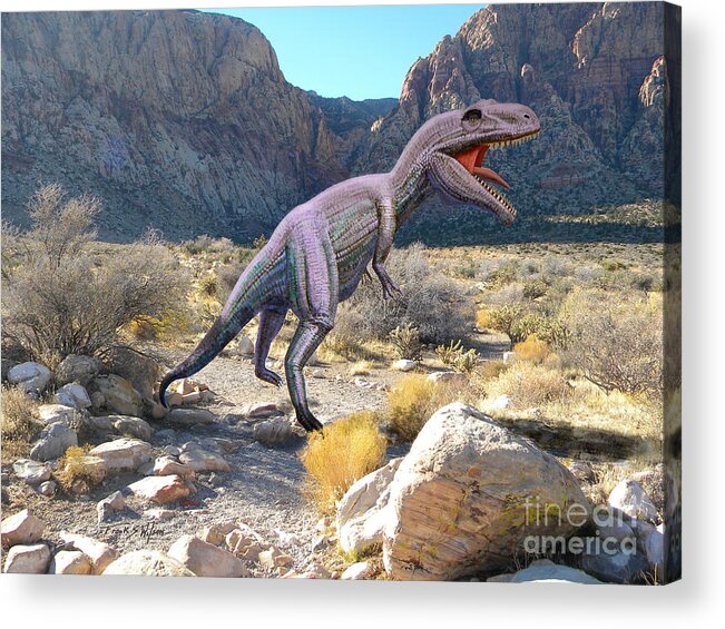 Dinosaur Art Acrylic Print featuring the mixed media Gigantosaurus In The Desert by Frank Wilson