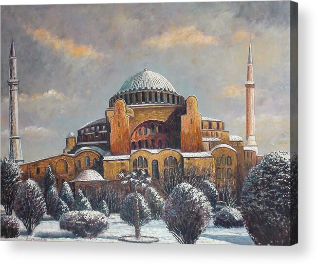  Istanbul Acrylic Print featuring the painting Hagia Sophia in snow by Charalampos Laskaris