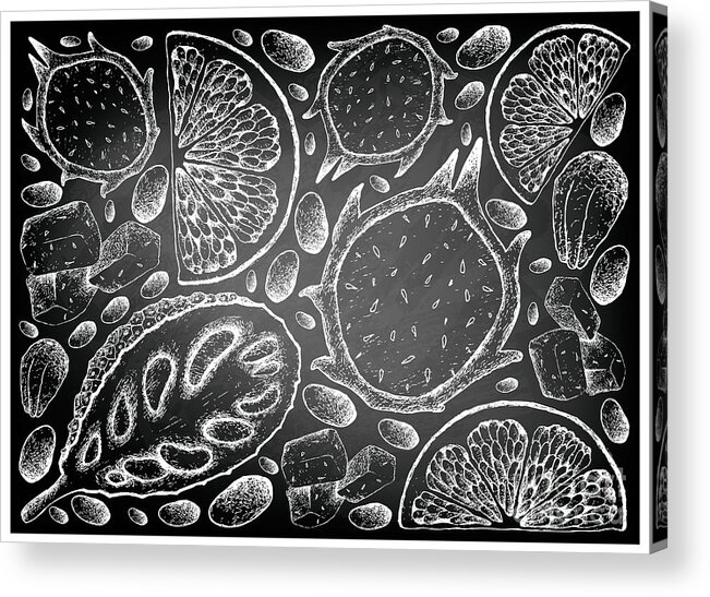 Jackfruit Acrylic Print featuring the drawing Hand Drawn of Jackfruit, Dragon Fruit and Grapefruit on Chalkboard by Iam Nee