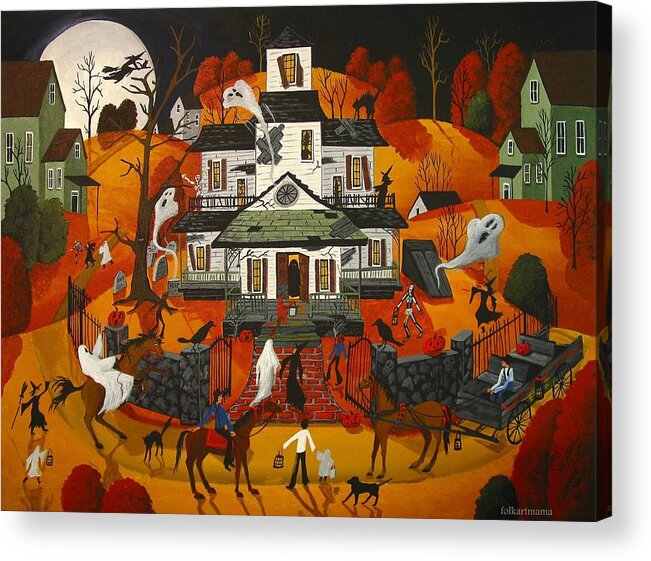 Folk Art Acrylic Print featuring the painting Haunted House - a folk art original - artist folkartmama by Debbie Criswell