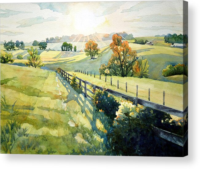 #nature #watercolor #landscape #watercolorpainting #sunset #rollinghills #art #artist #painting #maryland #country #farm Acrylic Print featuring the painting Heavenly Light by Mick Williams
