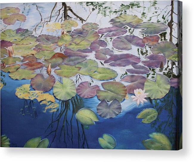 Waterlily Pond; Waterlily; Waterlily Blossom; Water; Serenity; Contemplation Acrylic Print featuring the photograph Bridged's Pond by Marg Wolf