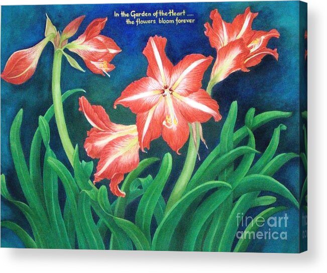 Realism Still Life Lillies Florals Red Acrylic Print featuring the painting In the Garden of the Heart by Janet Summers-Tembeli